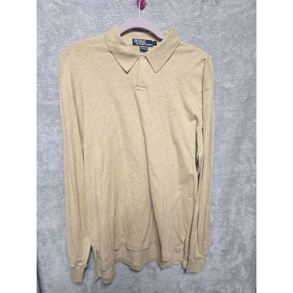 Polo Ralph Lauren Mens Long Sleeve Polo Shirt Tan Heather Cotton Large